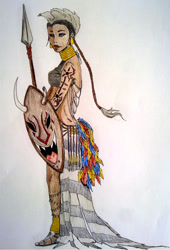 Size: 1080x1592 | Tagged: safe, artist:nanune13, imported from derpibooru, zecora, human, african, dark skin, ear piercing, earring, feather, female, humanized, jewelry, mohawk, piercing, sandals, shield, solo, spear, traditional art, weapon