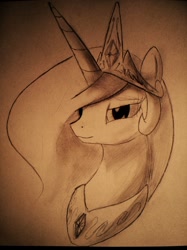 Size: 1100x1467 | Tagged: safe, artist:spacehunt, imported from derpibooru, princess celestia, bust, female, lidded eyes, monochrome, portrait, sketch, smiling, solo, traditional art
