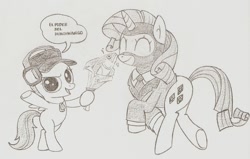 Size: 1423x904 | Tagged: safe, artist:creamygravy, imported from derpibooru, rarity, scootaloo, pony, bipedal, crossover, herring, monochrome, pencil drawing, rarispy, scout, scoutaloo, spanish, spy, team fortress 2, traditional art
