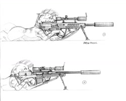 Size: 1400x1118 | Tagged: safe, artist:baron engel, imported from derpibooru, oc, oc only, zebra, fallout equestria, grayscale, gun, monochrome, pencil drawing, simple background, sketch, sniper, traditional art, weapon, white background