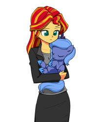 Size: 629x760 | Tagged: safe, artist:twilite-sparkleplz, imported from derpibooru, princess luna, sunset shimmer, pony, equestria girls, clothes, cute, eyes closed, filly, holding a pony, hug, lunabetes, skirt, sleeping, twilite-sparkleplz is trying to murder us, weapons-grade cute, woona, younger