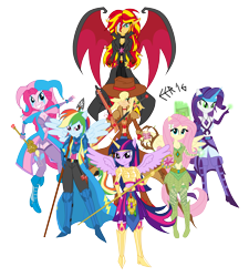 Size: 5793x6449 | Tagged: safe, artist:e-e-r, imported from derpibooru, applejack, fluttershy, pinkie pie, rainbow dash, rarity, sunset shimmer, twilight sparkle, equestria girls, absurd resolution, armor, clothes, fantasy class, group, humane seven, humane six, knight, mane six, ponied up, simple background, transparent background, warrior, weapon