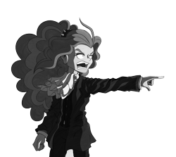 Size: 1148x1025 | Tagged: safe, artist:pedantczepialski, imported from derpibooru, adagio dazzle, equestria girls, ace attorney, alternate universe, crossover, equestria girls: the parody series, female, grayscale, miles edgeworth, monochrome, objection, pointing, simple background, solo, transparent background
