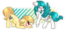 Size: 1024x478 | Tagged: safe, artist:h-analea, imported from derpibooru, oc, oc only, oc:biscuit, oc:music moonblast, earth pony, pegasus, pony, blushing, duo