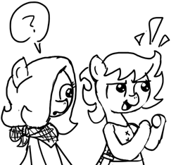 Size: 640x600 | Tagged: safe, artist:ficficponyfic, imported from derpibooru, oc, oc only, oc:emerald jewel, oc:ruby rouge, earth pony, pony, colt quest, bandana, boy, child, clothes, colt, confused, cyoa, excited, female, femboy, filly, foal, hair over one eye, knife, male, monochrome, question mark, story included, talking, tomboy