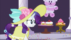 Size: 1920x1080 | Tagged: safe, imported from derpibooru, screencap, rarity, pony, sweet and elite, cake, clothes, dress, female, food, hat, mare, piñata, rarity looking at food, solo