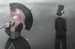 Size: 800x525 | Tagged: safe, artist:rainbowhitter, imported from derpibooru, oc, oc only, anthro, clothes, dress, duo, female, hat, male, rain, suit, top hat, umbrella