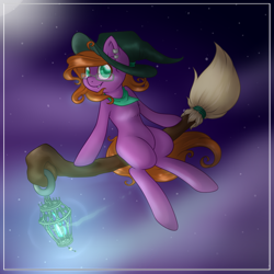 Size: 1280x1280 | Tagged: safe, artist:mondlichtkatze, imported from derpibooru, oc, oc only, pony, broom, cloud, ear piercing, flying, flying broomstick, hat, lantern, night, night sky, piercing, sitting, smiling, solo, stars, witch, witch hat