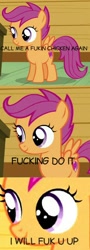 Size: 490x1354 | Tagged: safe, edit, edited screencap, imported from derpibooru, screencap, scootaloo, pony, on your marks, caption, comic sans, cutie mark, female, filly, fuk, scootachicken, solo, the cmc's cutie marks, u wot m8, vulgar