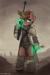 Size: 1280x1908 | Tagged: safe, artist:blvckmagic, imported from derpibooru, oc, oc only, oc:caliber, pony, semi-anthro, unicorn, fallout equestria, anti-materiel rifle, armor, clothes, explicit source, glowing horn, gun, knife, machete, magic hands, pose, rifle, solo, trenchcoat, weapon