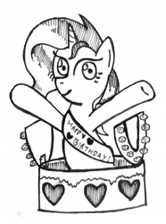 Size: 1333x1790 | Tagged: safe, artist:php71, deleted from derpibooru, imported from derpibooru, sunset shimmer, pony, equestria girls, cake, female, food, happy birthday, monochrome, ponified, pop out cake, popping out of a cake, solo, sunset shimmer dressing up as food, traditional art