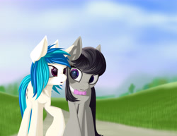 Size: 6600x5100 | Tagged: safe, artist:styroponyworks, imported from derpibooru, dj pon-3, octavia melody, vinyl scratch, absurd resolution, female, lesbian, meadow, scratchtavia, shipping