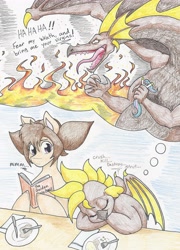 Size: 4545x6322 | Tagged: safe, artist:flicker-show, imported from derpibooru, princess celestia, oc, oc:jitter bug, oc:mace the dragon, dragon, absurd resolution, book, crush kill destroy swag, dream, fire, sleeping