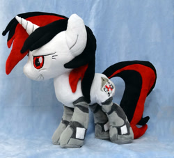 Size: 1000x908 | Tagged: safe, artist:appledew, imported from derpibooru, oc, oc only, oc:blackjack, cyborg, pony, unicorn, fallout equestria, amputee, augmented, cyber legs, cybernetic legs, fanfic, fanfic art, female, grin, hooves, horn, irl, level 2 (project horizons), mare, photo, plushie, smiling, solo