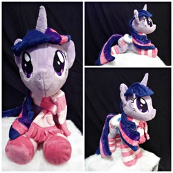 Size: 2000x2000 | Tagged: safe, artist:flutterplushies, imported from derpibooru, twilight sparkle, winter wrap up, clothes, irl, photo, plushie, saddle, scarf, socks, solo, striped socks, tack