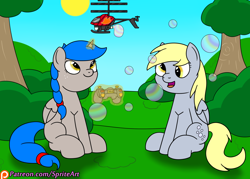 Size: 1400x1000 | Tagged: safe, artist:spritepony, imported from derpibooru, derpy hooves, oc, oc:sprite, alicorn, pony, alicorn oc, bubble, controller, cute, helicopter, park, patreon, patreon logo