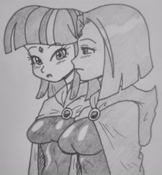 Size: 2233x2407 | Tagged: safe, artist:canime, imported from derpibooru, twilight sparkle, human, blushing, breasts, busty twilight sparkle, clothes, cosplay, costume, crossover, duo, duo female, female, humanized, monochrome, raven (dc comics), raven (teen titans), sketch, teen titans, traditional art, twiraven, voice actor joke