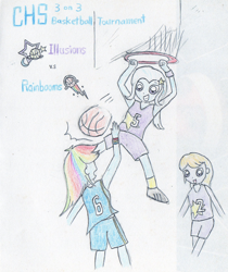 Size: 1000x1188 | Tagged: safe, anonymous artist, imported from derpibooru, lavender lace, rainbow dash, trixie, equestria girls, basketball, dunk, slam dunk, traditional art