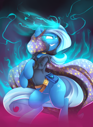 Size: 2700x3705 | Tagged: safe, artist:madacon, imported from derpibooru, trixie, pony, unicorn, cape, clothes, female, glowing eyes, magic, solo