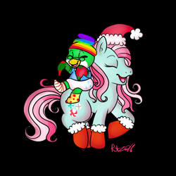 Size: 900x900 | Tagged: safe, artist:therainbowtroll, imported from derpibooru, minty, penguin, black background, christmas ponies, clothes, eyes closed, g3, hat, santa hat, simple background, socks