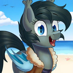 Size: 819x819 | Tagged: safe, artist:thegamblehorse, imported from derpibooru, oc, oc only, oc:seachell, bat pony, pony, bat pony oc, beach, clothes, fangs, looking at you, open mouth, smiling, solo