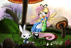 Size: 3000x2000 | Tagged: safe, artist:shogundun, imported from derpibooru, angel bunny, fluttershy, alice in wonderland, blushing, clothes, crossover, disney, dress, grass field, mushroom, open mouth, scenery, signature, socks, striped socks