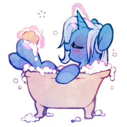 Size: 800x800 | Tagged: safe, artist:dawnfire, imported from derpibooru, trixie, pony, unicorn, bath, bathtub, blushing, bubble, bubble bath, claw foot bathtub, cute, diatrixes, eyes closed, female, levitation, loofah, magic, on back, open mouth, simple background, smiling, soap, solo, sponge, telekinesis, transparent background, wet, wet mane