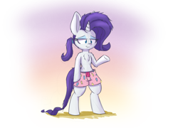 Size: 1250x900 | Tagged: safe, artist:heir-of-rick, imported from derpibooru, rarity, pony, alternate hairstyle, bed mane, bipedal, boxers, chest fluff, clothes, female, implied raripie, impossibly large ears, lidded eyes, ponytail, smiling, solo, topless, underhoof, underwear