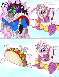 Size: 1384x1800 | Tagged: safe, artist:blackbewhite2k7, imported from derpibooru, king sombra, oc, oc:fluffle puff, beam, blushing, comic, crossover, dabura, dragon ball, dragon ball z, drool, exclamation point, fat boo, fat buu, food, food transformation, gasp, inanimate tf, interrobang, majin boo, majin buu, open mouth, poof, question mark, raspberry, sombra eyes, taco, tongue out, transformation, wide eyes, xk-class end-of-the-world scenario