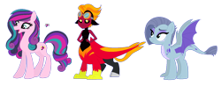 Size: 1350x530 | Tagged: safe, artist:unoriginai, imported from derpibooru, oc, oc only, oc:hellfire, oc:melody, oc:rare geode, dracony, hybrid, original species, crack ship offspring, crack shipping, interspecies offspring, magical lesbian spawn, offspring, parent:coloratura, parent:lord tirek, parent:maud pie, parent:philomena, parent:princess cadance, parent:princess ember, simple background, transparent background