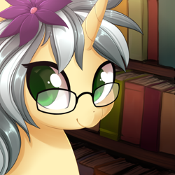 Size: 3900x3900 | Tagged: safe, artist:starshinebeast, imported from derpibooru, oc, oc only, oc:mercury shine, pony, unicorn, book, flower, flower in hair, glasses, solo