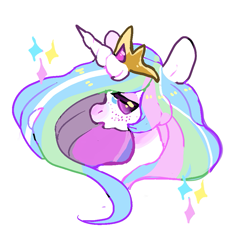 Size: 917x973 | Tagged: safe, artist:fursalot, imported from derpibooru, princess celestia, bust, female, freckles, lidded eyes, looking at you, open mouth, portrait, sad, simple background, solo, sparkles, white background