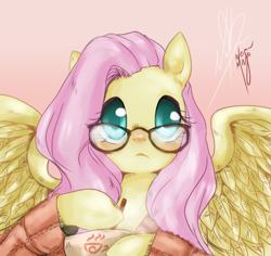 Size: 530x500 | Tagged: safe, artist:nemu majo, imported from derpibooru, fluttershy, clothes, colored pupils, cup, cute, female, glasses, gradient background, hoof hold, looking at you, shyabetes, signature, solo, spread wings