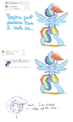 Size: 1280x2145 | Tagged: safe, artist:heir-of-rick, imported from derpibooru, rainbow dash, pony, bipedal, clothes, dialogue, embarrassed, female, looking back, open mouth, partial nudity, reddit, simple background, solo, spread wings, swim trunks, swimming trunks, swimsuit, topless, underhoof, we don't normally wear clothes, white background