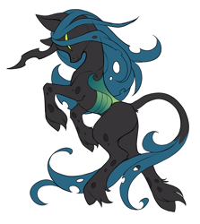 Size: 700x785 | Tagged: dead source, safe, artist:hioshiru, imported from derpibooru, queen chrysalis, changeling, changeling queen, classical unicorn, pony, unicorn, female, glowing eyes, leonine tail, solo, species swap, unshorn fetlocks