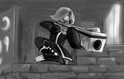 Size: 1024x651 | Tagged: safe, artist:phuocthiencreation, imported from derpibooru, oc, oc only, oc:bass javelin, anthro, action pose, badass, black and white, city, grayscale, gun, monochrome, optical sight, rifle, sniper, sniper rifle, solo, weapon