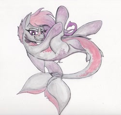 Size: 1781x1701 | Tagged: safe, artist:scribblepwn3, imported from derpibooru, oc, oc only, oc:coral, original species, pony, shark, shark pony, commission, pen drawing, solo, traditional art, watercolor painting