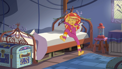 Size: 1600x900 | Tagged: safe, imported from derpibooru, screencap, sunset shimmer, equestria girls, legend of everfree, clothes, eyes closed, feet, female, karate, kung fu shimmer, legend of everfeet, pajamas, sleepy, solo, sunset's sleepfighting, tired, waking up