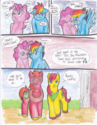 Size: 2552x3296 | Tagged: safe, artist:tristanjsolarez, imported from derpibooru, big macintosh, pinkie pie, rainbow dash, tex, earth pony, pegasus, pony, comic:trans ponies, comic, female, flower, g1, g1 to g4, g4, generation leap, male, mare, mouth hold, neckerchief, rainbow blitz, rule 63, stallion, transgender