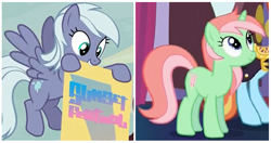 Size: 892x471 | Tagged: safe, imported from derpibooru, screencap, cotton mint, dusk drift, mint julep, sassy saddles, pegasus, pony, unicorn, canterlot boutique, to where and back again, background pony, banner, cotton candy, cropped, cutie mark, discovery family logo, female, mare, mouth hold