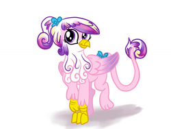 Size: 1024x768 | Tagged: safe, artist:kuromi, imported from derpibooru, princess cadance, griffon, bow, chest fluff, cute, cutedance, female, fluffy, griffonized, hair bow, looking at you, ponytail, raised hoof, raised leg, simple background, smiling, solo, species swap, tail bow, teen princess cadance, white background