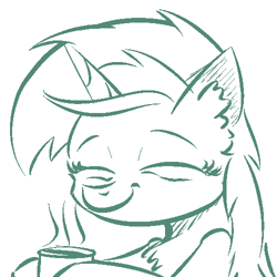 Size: 500x500 | Tagged: safe, artist:cheshiresdesires, imported from derpibooru, part of a set, lyra heartstrings, pony, unicorn, bags under eyes, bust, chest fluff, coffee, ear fluff, eyes closed, female, messy mane, monochrome, mug, simple background, smiling, solo, steam, tired, white background