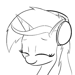 Size: 600x600 | Tagged: safe, artist:cheshiresdesires, imported from derpibooru, lyra heartstrings, pony, unicorn, black and white, bust, ear fluff, eyes closed, female, grayscale, happy, headphones, monochrome, portrait, simple background, smiling, solo, white background