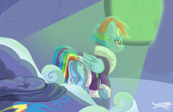 Size: 5100x3300 | Tagged: safe, artist:lostinthetrees, imported from derpibooru, rainbow dash, pegasus, pony, bathrobe, bed, butt, clothes, female, green light, morning ponies, plot, rainbow dash's bedroom, rainbow dash's house, robe, solo