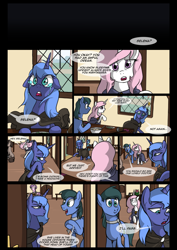 Size: 1240x1754 | Tagged: safe, artist:lunarcakez, imported from derpibooru, princess celestia, princess luna, oc, comic:the origins of hollow shades, bowl, cloak, clothes, comic, crying, dialogue, drink, food, frown, lidded eyes, looking at each other, looking back, mug, open mouth, pink-mane celestia, plate, s1 luna, sad, smiling, table, younger