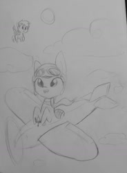 Size: 1066x1446 | Tagged: safe, artist:tjpones, imported from derpibooru, rainbow dash, scootaloo, monochrome, plane, sketch