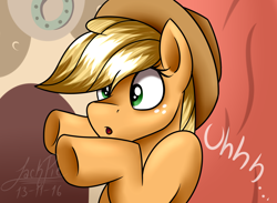 Size: 1500x1100 | Tagged: safe, artist:jack-pie, imported from derpibooru, applejack, look before you sleep, 2spooky, cowboy hat, cute, female, freckles, hat, jackabetes, open mouth, scene interpretation, signature, solo, stetson, underhoof