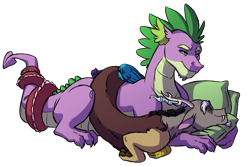 Size: 1280x849 | Tagged: safe, artist:lopoddity, deleted from derpibooru, imported from derpibooru, discord, spike, draconequus, dragon, adult, adult spike, crack shipping, cuddling, dispike, eyes closed, gay, intertwined tails, lidded eyes, lying down, male, older, older spike, pillow, prone, quadrupedal spike, shipping, simple background, sleeping, smiling, snuggling, tail wrap, transparent background