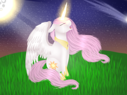 Size: 1024x769 | Tagged: safe, artist:deerotic25, imported from derpibooru, princess celestia, pony, comet, crying, female, glowing horn, moon, night, night sky, solo