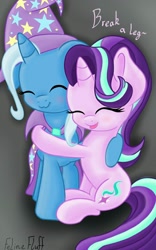 Size: 800x1280 | Tagged: safe, artist:felinefluff, imported from derpibooru, starlight glimmer, trixie, pony, unicorn, :3, break a leg, cute, diatrixes, duo, glimmerbetes, hug, trixie's cape, trixie's hat